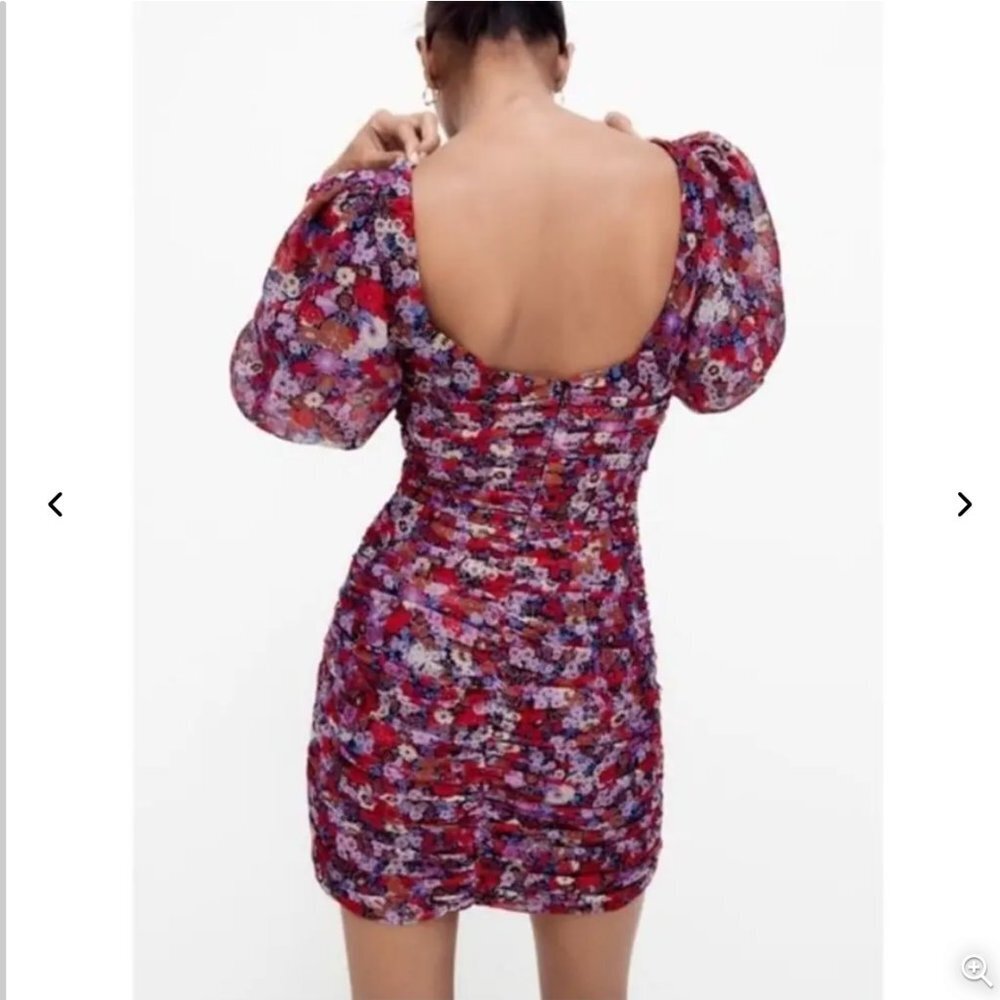 ZARA Floral Print Mini Dress Ruched Size M NEW WITH TAG! - Picture 9 of 12